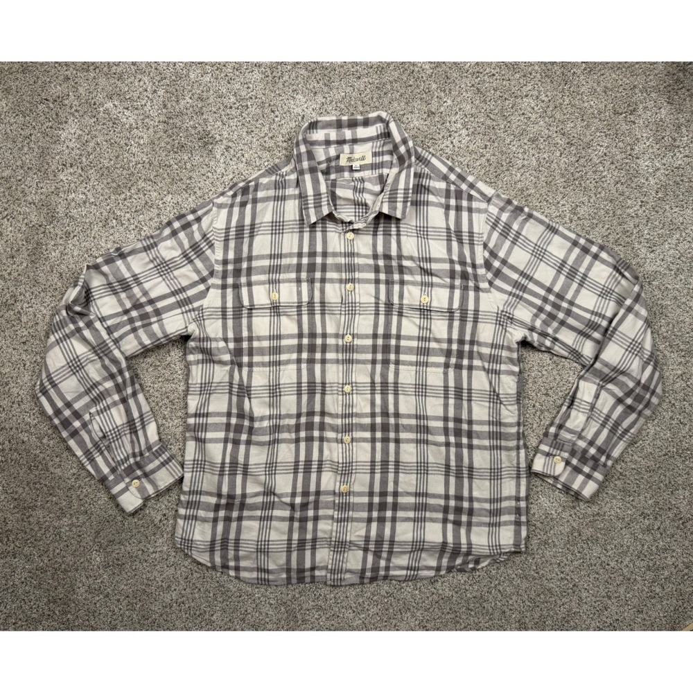 Madewell Button Down Shirt Plaid Flannel XL Grey White Casual Long Sleeve Pocket